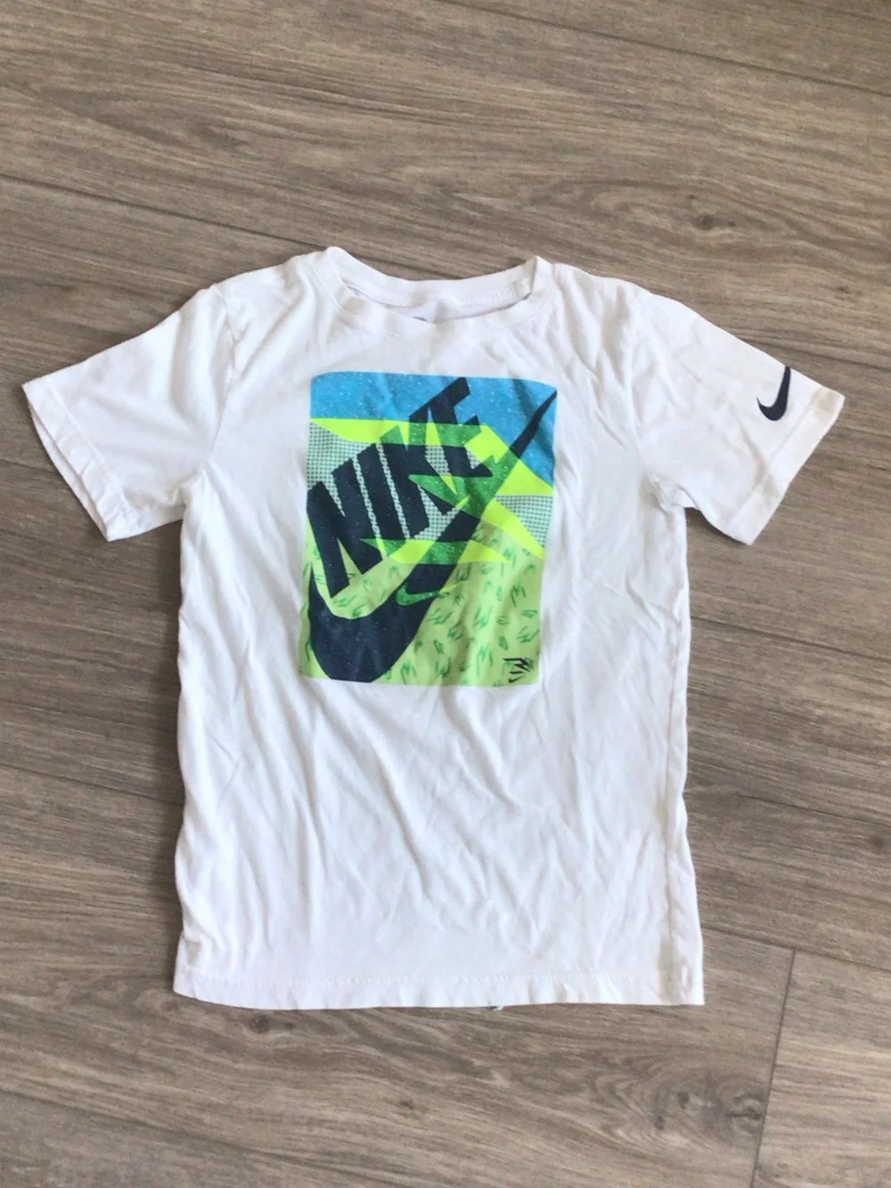 Nike White Short Sleeve Tee with Neon Green and Blue Graphic